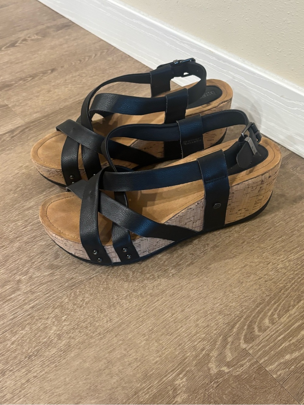 bussola Black Cork Wedge Crisscross Sandals | Size 41